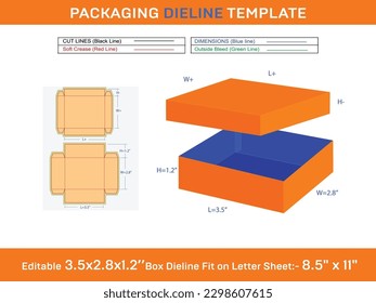 Kraft packaging box with lids or gifts box Dieline Template of 3.5x2.8x1.2 Inch