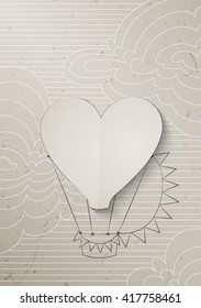Kraft paper Air Balloon with shape of Heart fly between white clouds