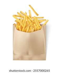 Kraft paper bag for french fries packaging to takeaway. Food go, fried potato snack pack design mockup. Isolated on white background. Realistic. Vector illustration.