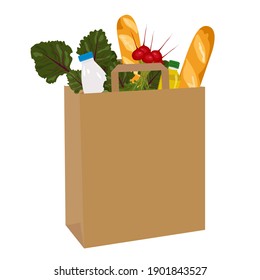 Kraft paper bag with fresh food such as vegetables, baguette, milk, olive oil. Vector illustration. The concept of delivering products from a grocery store.