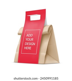 Kraft paper bag with handle for fast food delivery. Takeaway packaging to go. Isolated on white background. Realistic object. Vector illustration.