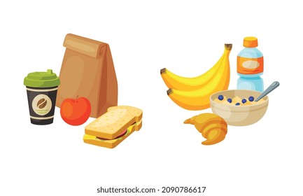 Kraft Paper Bag With Sandwich And Bowl Of Porridge With Banana Vector Set