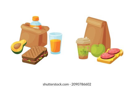 Kraft Paper Bag with Sandwich and Hot Drink Vector Set
