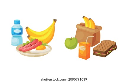 Kraft Paper Bag With Sandwich And Sausage With Scrambled Egg Vector Set