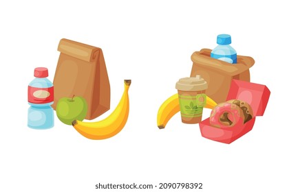 Kraft Paper Bag with Water Bottle, Banana and Donuts Vector Set