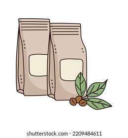 Kraft paper bags with coffee beans isolated on white background. Doodle style.