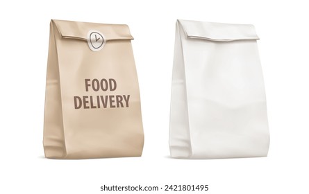 Kraft paper bags for fast-food delivery. Food Delivery Service Bag with sticker caffe or restaurant branding. Realistic mockup. Vector illustration.