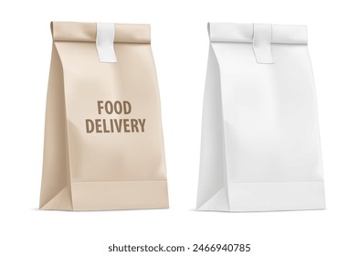 Bolsas de papel Kraft para la entrega de comida rápida. Bolsa de servicio de entrega de alimentos con etiqueta de café o restaurante de marca. Una maqueta realista. Aislado sobre fondo blanco. Ilustración vectorial.