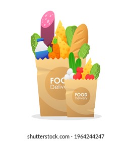 Kraft paper bags with groceries and food delivery logo isolated on white background. Milk, sausage, carrots, tomatoes, lettuce, loaf, bread, cheese, cucumbers, eggs.