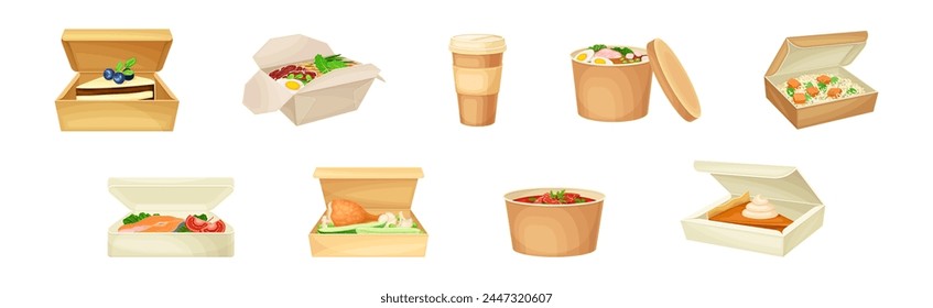 Kraft Paper or Cardboard Eco Package with Food Inside Vector Set