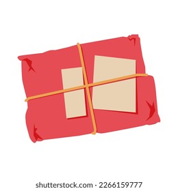 Papel Kraft, paquete de cartón sobre un fondo blanco. Ilustración vectorial en un estilo plano. Caja de regalo roja atada con una etiqueta de cuerda