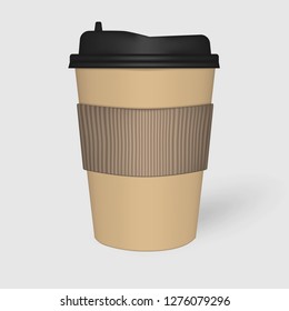 Kraft paper coffee cup with black lid and corrugated sleeve, mock-up. Takeaway drink mug, mockup. Vector template.