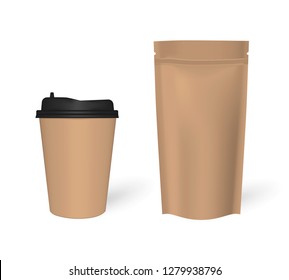 Kraft paper coffee cup with stand up zipper seal pouch, mock-up. Blank take away drink mug and with zip lock bag, mockup. Vector template.