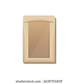 Kraft paper empty packaging bag with transparent window blank mockup isolated on white realistic vector 3d, brown eco-look pouch bag for wrapping organic products, sustainable food storage.
