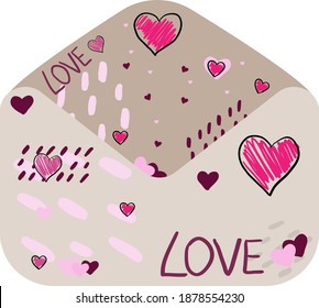 Kraft paper envelope with hand drawn hearts and decor, simple vector illustration