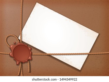 Kraft paper envelope. Stylish envelope tied with twine with  wax seal and empty paper for text. Template invitations, greetings. Design festive banners, posters, cards. Vector illustration