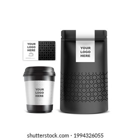 Kraft paper foil zip lock bag food stand up pouch with coffee cup. Mockup template for logo.
