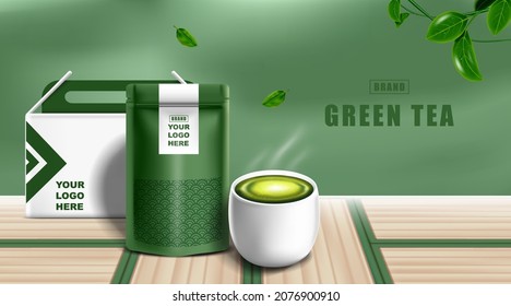 Kraft paper foil zip lock bag food stand up pouch with Green tea latte cup with japanese background.