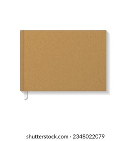 Kraft paper horizontal rectangle book, notebook or magazine white ribbon bookmark top view mockup template. Isolated on white background. Ready to use for your business. Realistic vector illustration.