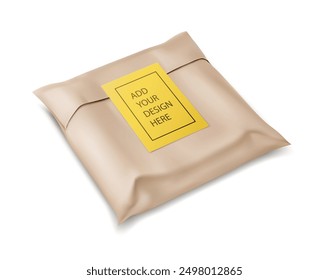 Kraft paper mailing bag with sticker. Mail envelope for international shipping. Parcel delivery. Packaging mockup isolated on white transparent background. Vector illustration.