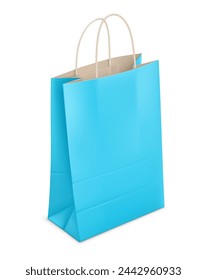 Kraft Paper shopping bag Mockup. Blue packaging with rope handles for supermarket or grocery store. Branding Design isolated on white transparent. Vector illustration.