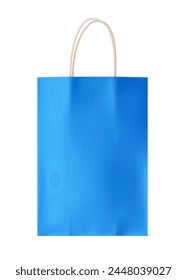 Bolso de compras de papel Kraft Mockup. Embalaje azul con asas de cuerda para supermercado o tienda de comestibles. Diseño de marca aislado en blanco transparente. Ilustración vectorial.