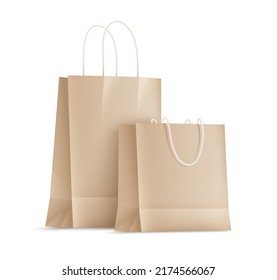 Kraft paper shopping bags Mockup isolated realistic. Design mockup Isolated on white transparent background. Paper Bags with rope handles. Vector illustration.