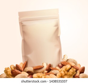 Kraft Paper Snack Bag On Nuts Top In 3d Illustration