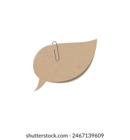 Kraft paper speech bubble design. Vector illustration of a cardboard dialog box with a paper clip, made in the shape of a leaf on an isolated background for creative projects.