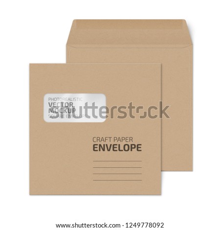 Kraft paper square blank envelope with transparent window. Photo-realistic stationery mockup template with sample design. Vector 3d illustration.