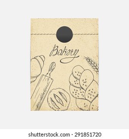 Kraft Paper Takeaway Bag Mockup In Vector. Sketched Illustration With Baking Objects. Bakery Branding Template