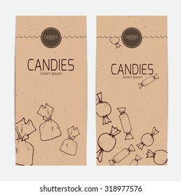 Kraft paper takeaway bag in vector. Candy sketched illustration. Template for bag.