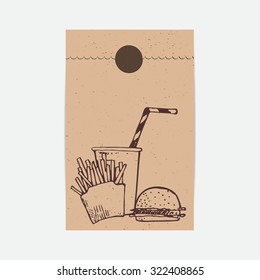 Kraft paper takeaway bag in vector. Fast food sketched illustration. Template for bag.