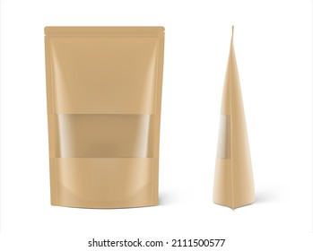 Kraft pouch bag mockup isolated on white background with plastic window. Vector illustration. Perfect for the presentation of your product. EPS10.