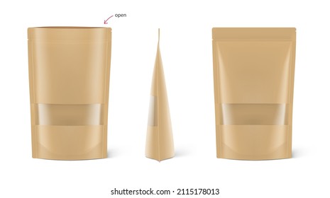 Kraft pouch bag mockup isolated on white background with plastic window. Vector illustration. Perfect for the presentation of your product. EPS10.	