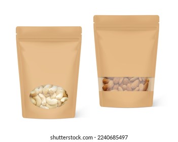 Kraft pouch bag with windows mockup. Vector illustration. Your product is visible through the window. Perfect for the presentation of your product. EPS10.