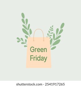 Kraft shopping bag with Green Friday text on green plant branches background. Concept of conscious shopping and environmental protection