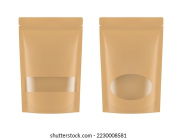 Kraft stand up pouch with rectangular and oval window. Vector illustration isolated on white background. Perfect for the presentation of your product. EPS10.