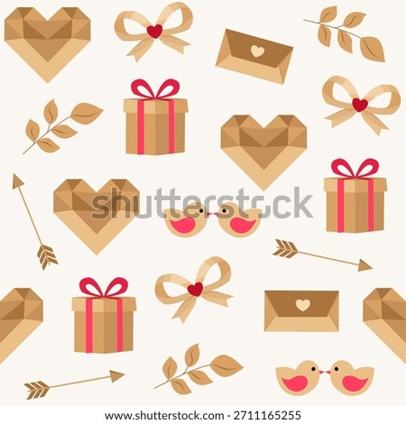 A kraft style seamless pattern with hearts, gifts, envelopes, bows, love birds, arrows, and botanical elements. Perfect for rustic Valentines Day cards, wrapping paper, fabric, packaging, and craft projects.