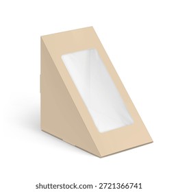 Kraft triangular caixa de sanduíche maquete de embalagem. Ilustração vetorial isolada sobre fundo branco. Meia vista lateral. Pode ser usado para modelar seu design, apresentação, promoção, anúncio. EPS10