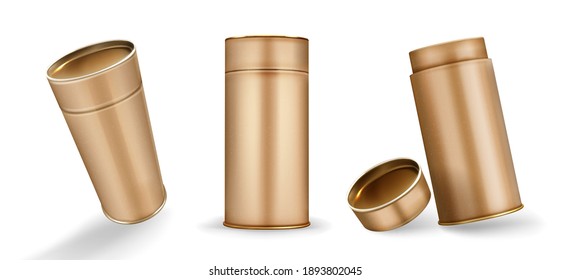 Kraft tube boxes mockup, closed and open cardboard cylinders of brown color, blank containers for branding made of craft paper isolated on white background, Realistic 3d vector illustration, mock up