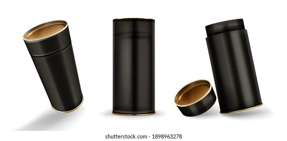 Kraft tube boxes mockup, closed and open cardboard cylinders of speckled black color, blank containers for branding made of craft paper isolated on white background, Realistic 3d vector mock up set