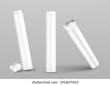 Kraft tube boxes mockup, closed and open cardboard cylinders of white color, blank containers for drawing or branding made of craft paper isolated on grey background, Realistic 3d vector mock up set