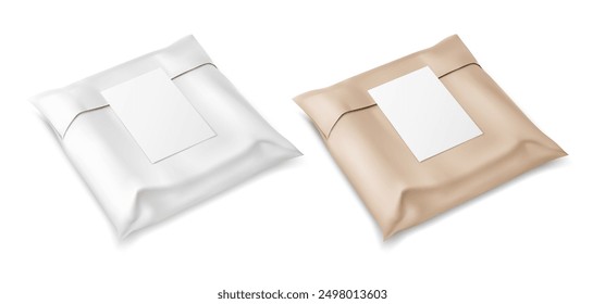 Kraft and white paper mailing bags with stickers. Mail envelopes for international shipping. Parcels delivery. Packaging mockups isolated on transparent background. Vector illustration.