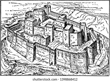 Krak des Chevaliers was the headquarters of the Knights Hospitaller during the Crusades, vintage line drawing or engraving illustration.