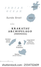 Krakatau Archipelago of Indonesia, gray political map. Four uninhabited small volcanic islands, formed by Krakatau stratovolcano, located in the Sunda Strait, between the the islands Java and Sumatra.