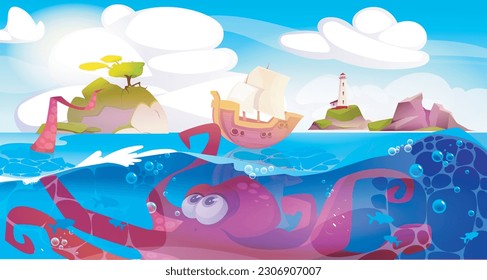 Kraken attacks ship. Huge dangerous octopus with tentacles underwater and vessel with sails. Sea life, mythology, ocean. Marine animal and landscape with lighthouse. Cartoon flat vector illustration