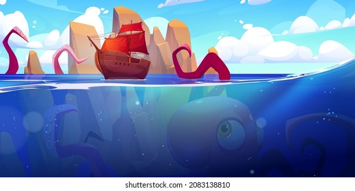 Kraken attacks ship in sea. Vector cartoon illustration of big octopus with tentacles underwater and wooden vessel with red sails in ocean. Giant marine animal, monster cephalopod under water