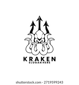 Kraken combination with trident logo design vector template.