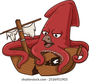 O kraken colide uma ilustração de vetor de navio de madeira